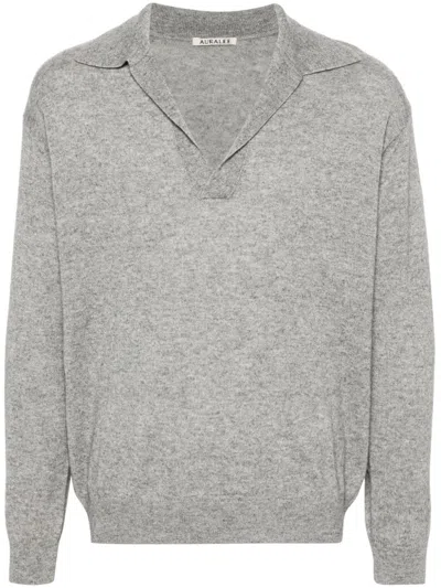 Auralee Cashmere And Silk Blend Polo Shirt In Grey