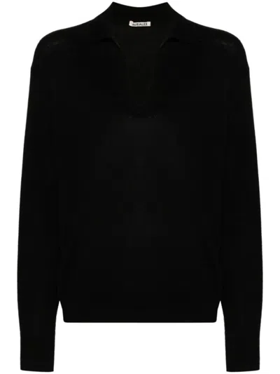 Auralee V-neck Cashmere Silk Jumper In Black