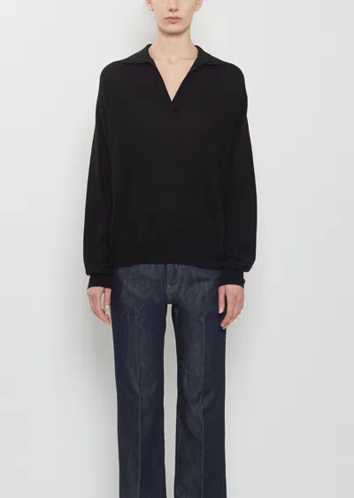 Auralee Cashmere Silk Knit Skipper Polo In Black