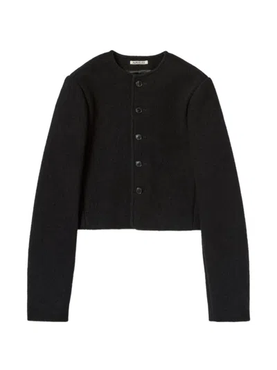 Auralee Collarless Wool-blend Cropped Jacket In 黑色