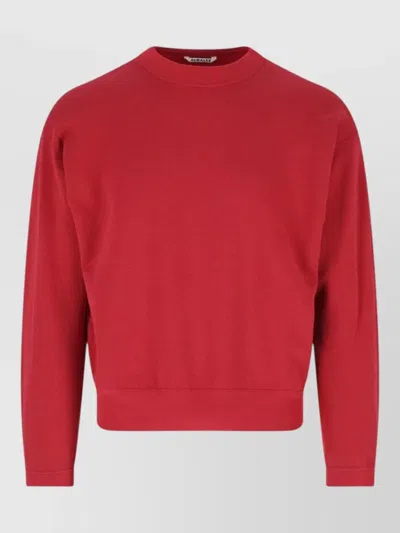 Auralee Crew Neck Long Sleeve Ribbed Cuff Top In Red