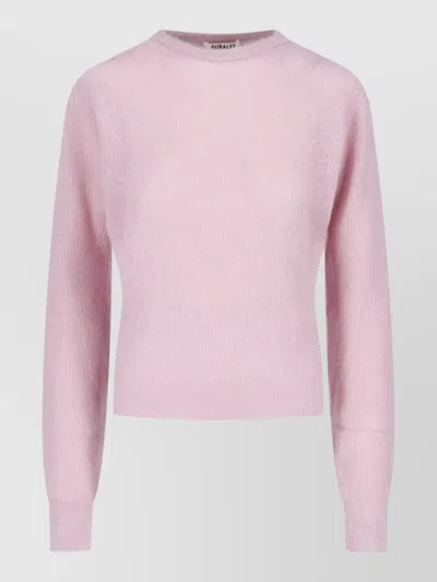 Auralee Crew Neck Long Sleeve Ribbed Soft Top In Pink