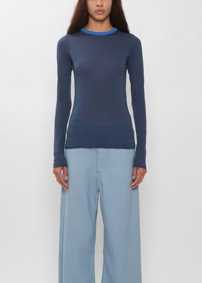 Auralee Fluffy Cashmere Nylon Jersey Long Sleeve Tee In Navy