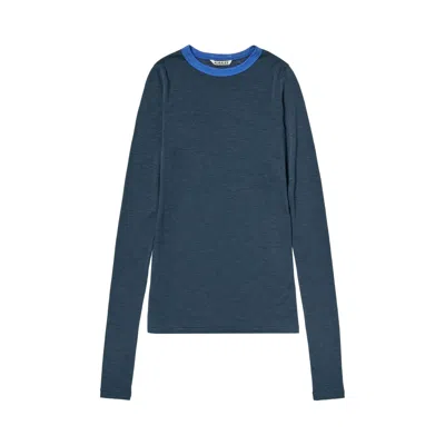 Pre-owned Auralee Fluffy Cashmere Nylon Jersey Ringer Long-sleeve Tee 'navy' | Blue | Women's Size 0
