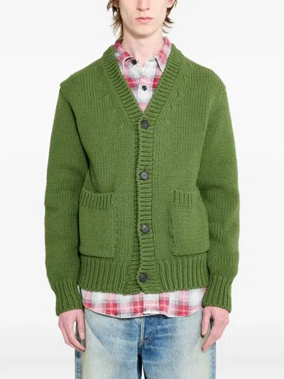 Auralee Front-pocket Knitted Cardigan In Green