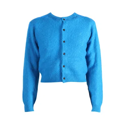 Pre-owned Auralee Garment-dyed Alpaca Fur Knit Crewneck Cardigan 'royal Blue' | Women's Size 2