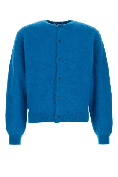 Auralee Garment-dyed Baby Alpaca Fur Knit Crew-neck Cardig In Blue