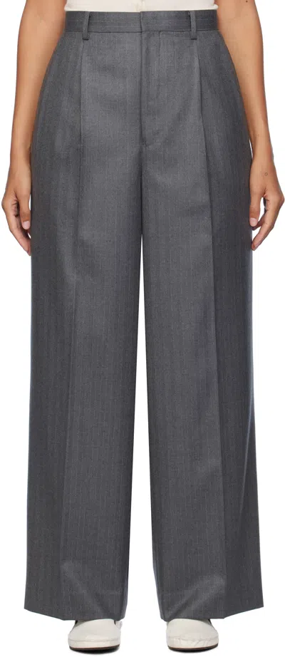 Auralee Gray Wool Fulling Flannel Stripe Trousers In Top Gray