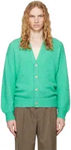 AURALEE GREEN BRUSHED WOOL CASHMERE SILK CARDIGAN