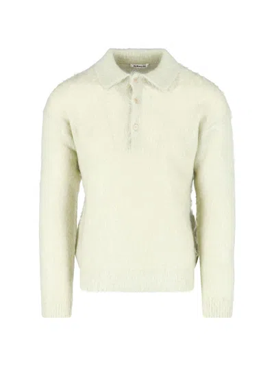 Auralee Green Textured Knit Ribbed Polo Shirt In Neutral