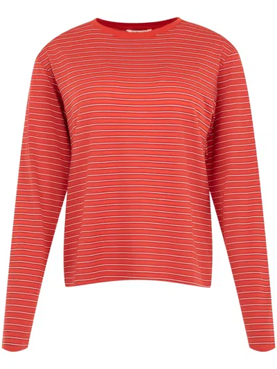 Auralee Horizontal Stripe Cotton Long-sleeve Crewneck T-shirt In Red