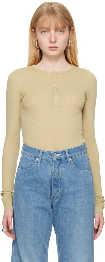 Auralee Khaki Button Henley In Khaki Beige