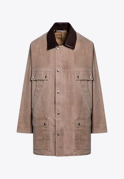 Auralee Leather-collared Canvas Jacket In Brown