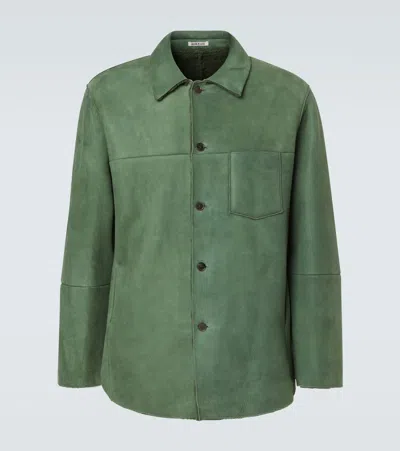 Auralee Leather Shirt Jacket In Green