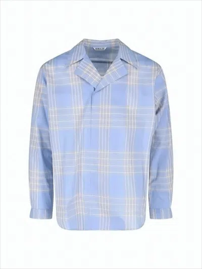 Auralee Light Blue Plaid Long-sleeve Shirt In White