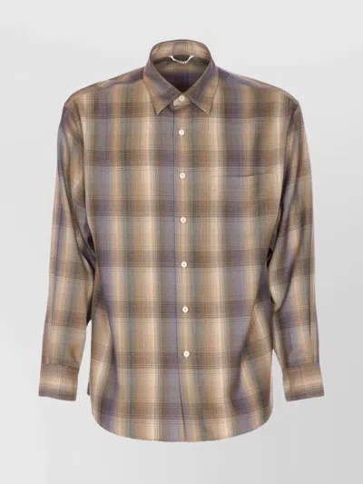 Auralee Long Sleeve Check Shirt With Button-down Collar In Brown