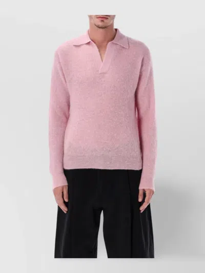 AURALEE LONG SLEEVE POLO SWEATER WITH RIBBED CUFFS