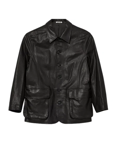 Auralee Long-sleeved Leather Jacket In Black