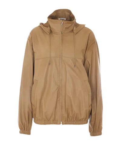 Auralee Long-sleeved Leather Jacket In Brown