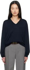 Auralee Navy Product Dyed Wool Knit V-neck Sweater In Navy
