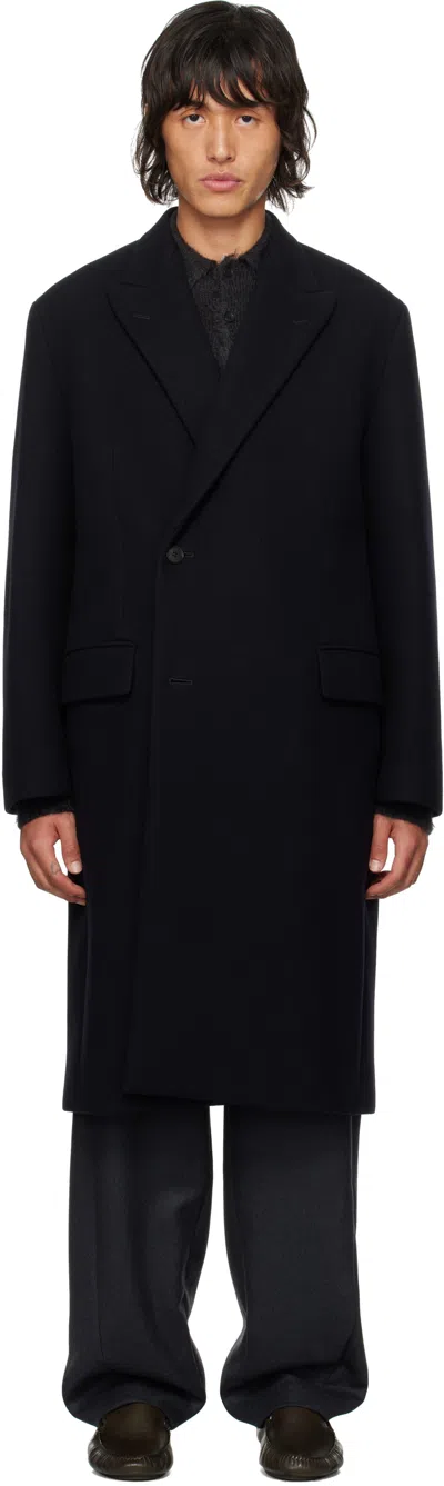 Auralee Navy Sponge Wool Melton Chesterfield Coat In Dark Navy