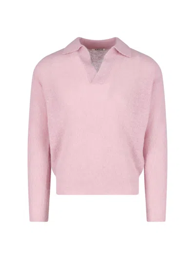 Auralee Pink Pastel Fuzzy V-neck Sweater