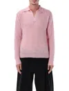 Auralee Ribbed Polo Sweater With Buttoned Placket And Textured Knit In Pink