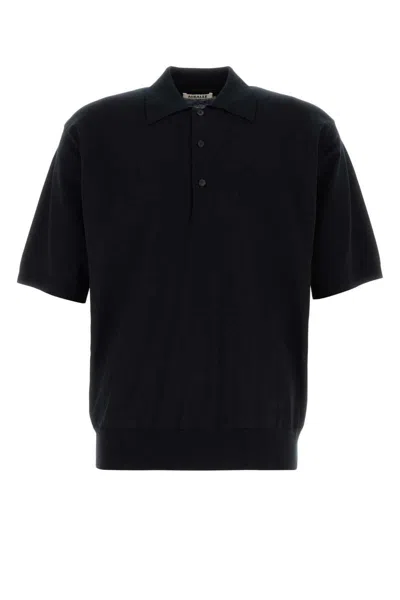 Auralee Cotton Shirt Polo Collar Ribbed Hem Cuffs In Black