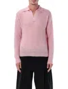 Auralee Long Sleeve Polo Sweater With Ribbed Cuffs In Pink