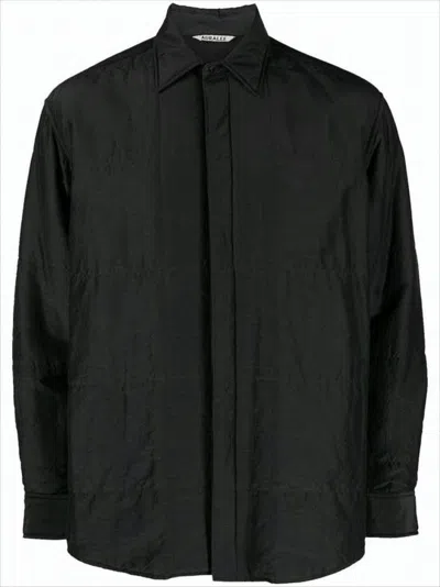 Auralee Quilted Long-sleeve Shirt With Classic Collar In Black