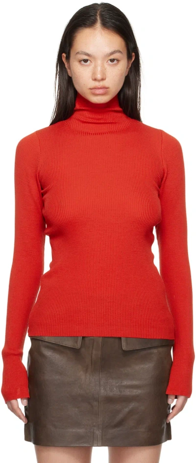 Auralee Red Super Fine Wool High Gauge Rib Knit Turtleneck