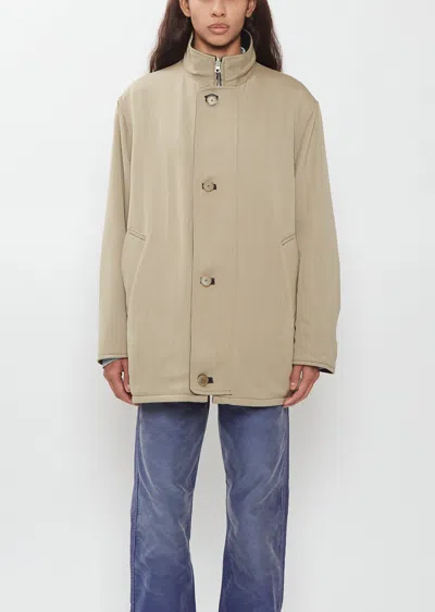 Auralee Reversible Wool Nappa Leather Coat In Khaki Beige Chambray / Black