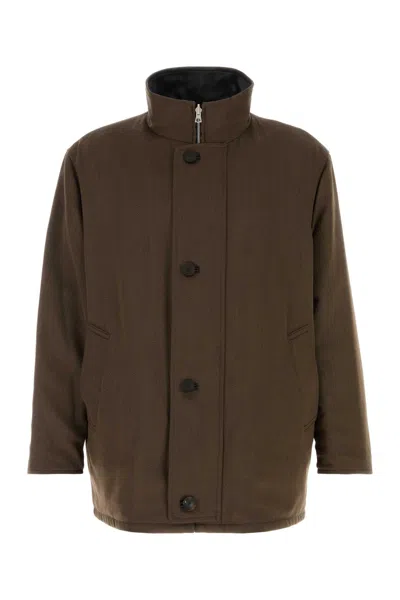 Auralee Reversible Wool Twill Jacket With Leather Lining In Brown