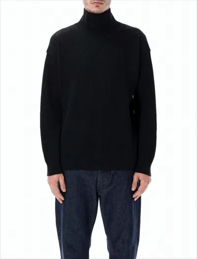 Auralee Ribbed Knit Turtleneck Sweater With High Collar In Black