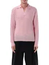Auralee Ribbed Polo Sweater With Buttoned Placket And Textured Knit In Pink