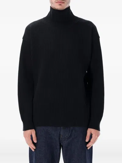 Auralee Ribbed Knit Turtleneck Sweater With High Collar In Black