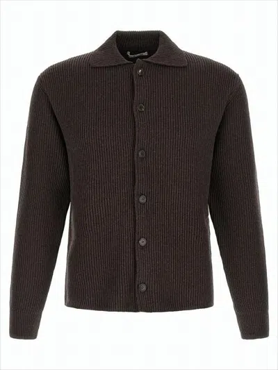 Auralee Ribbed Wool Cardigan With Button-up Front In Brown