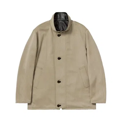 Pre-owned Auralee Rvrsble Wool Twisted Twill Sheep Leather Hlf Coat 'khaki Beige Chambray And Black' | Men's S