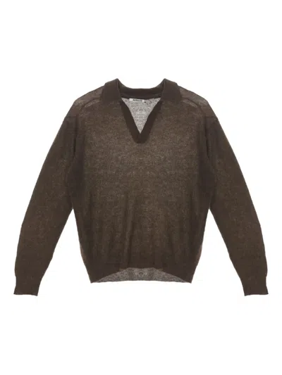 Auralee Sheer Polo Sweater In Brown