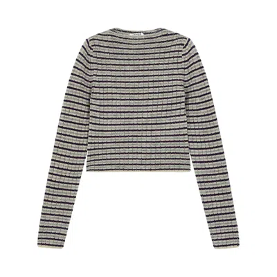 Pre-owned Auralee Shetland Wool Cashmere Rib Knit Boat-neck Pullover 'lime Purple Stripe' | Women's Size 1
