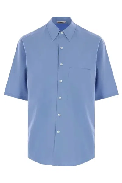 Auralee Short-sleeved Shirt With Classic Collar In Blue