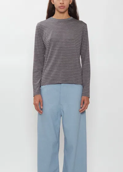 Auralee Soft Smooth Wool Stripe Jersey Long Sleeve Tee In Gray Stripe