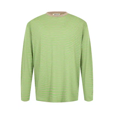 Pre-owned Auralee Soft Smooth Wool Stripe Jersey Long-sleeve Tee 'green Stripe' | Men's Size 5