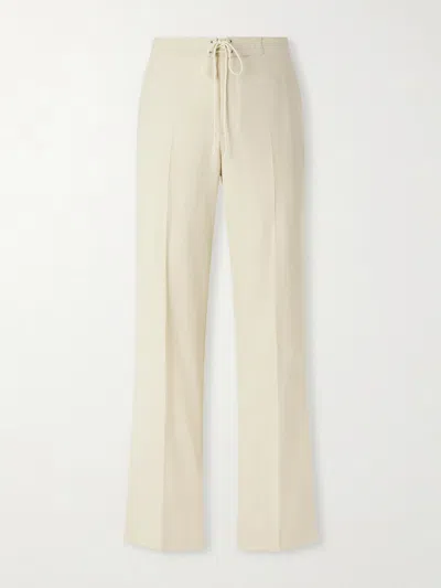 Auralee Straight-leg Wool, Cotton And Linen-blend Oxford Drawstring Trousers In Neutral