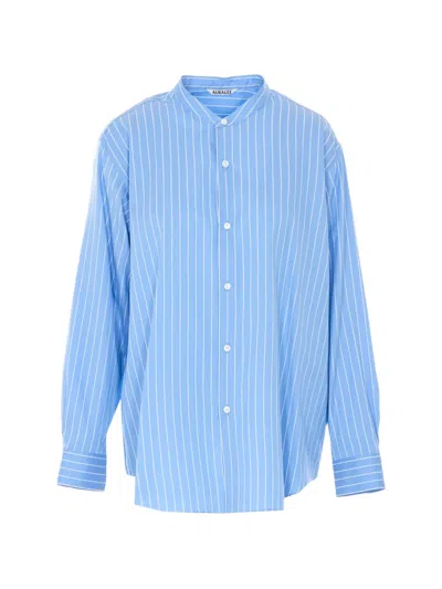 Auralee Striped Band-collar Shirt In Blue
