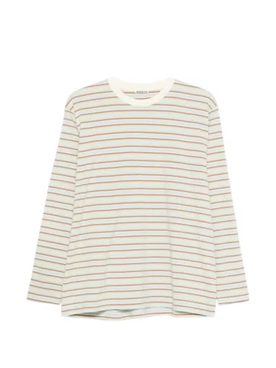 Auralee Cotton Striped Crew Neck Long Sleeve Shirt In Neutral