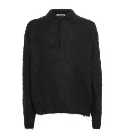 Auralee Super Kid Mohair-wool Brushed Polo Sweater In Black
