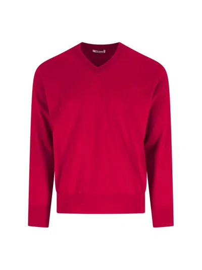 Auralee V-neck Sweater With Ribbed Cuffs And Hem In Red