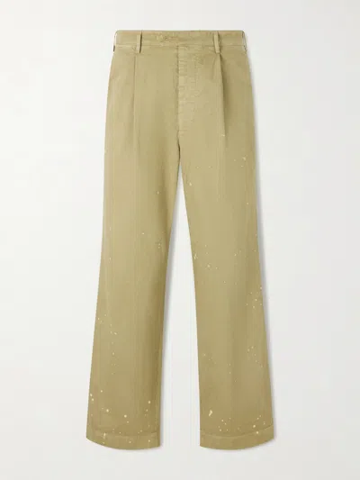 Auralee Wide-leg Pleated Paint-splattered Cotton-twill Chinos In Green