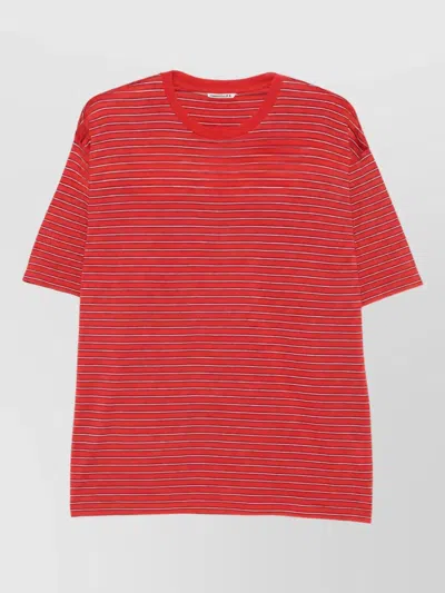 Auralee Wool Striped Crew Neck Short Sleeve T Shirt In Red